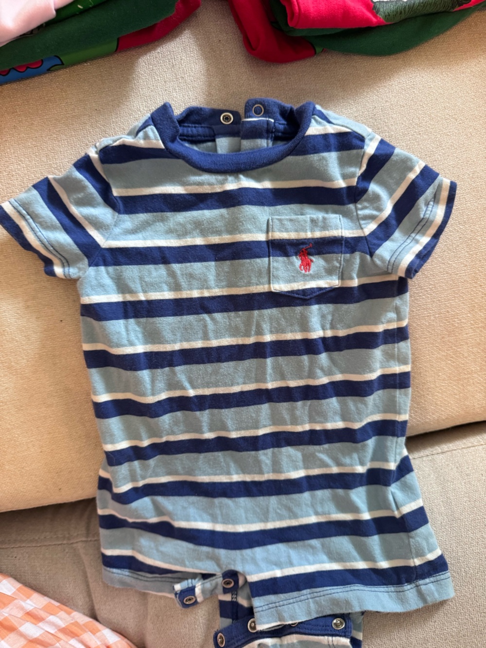 Ralph Lauren Light Blue and Navy Striped Baby One-Piece with Pocket